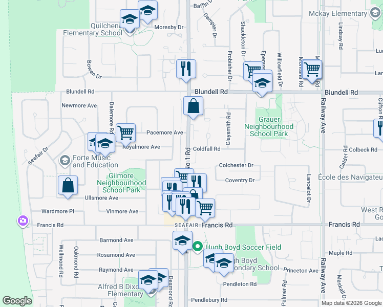 map of restaurants, bars, coffee shops, grocery stores, and more near 8406 Number 1 Road in Richmond