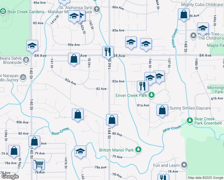 map of restaurants, bars, coffee shops, grocery stores, and more near 8222 144 Street in Surrey