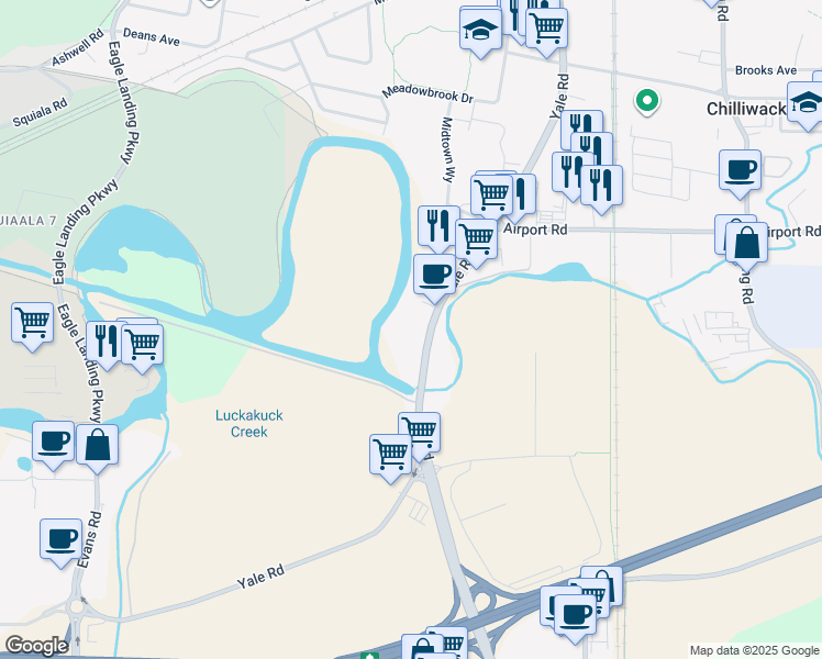 map of restaurants, bars, coffee shops, grocery stores, and more near 45555 Yale Road in Chilliwack