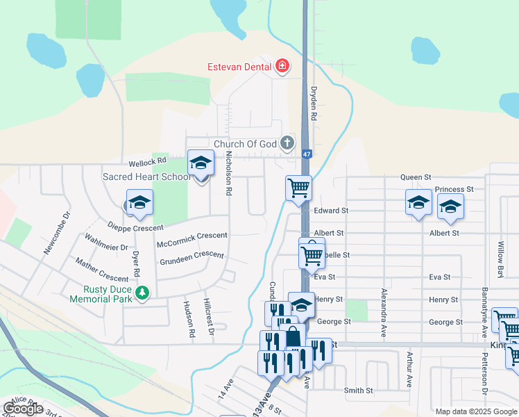 map of restaurants, bars, coffee shops, grocery stores, and more near 2022 Mayfair Bay in Estevan
