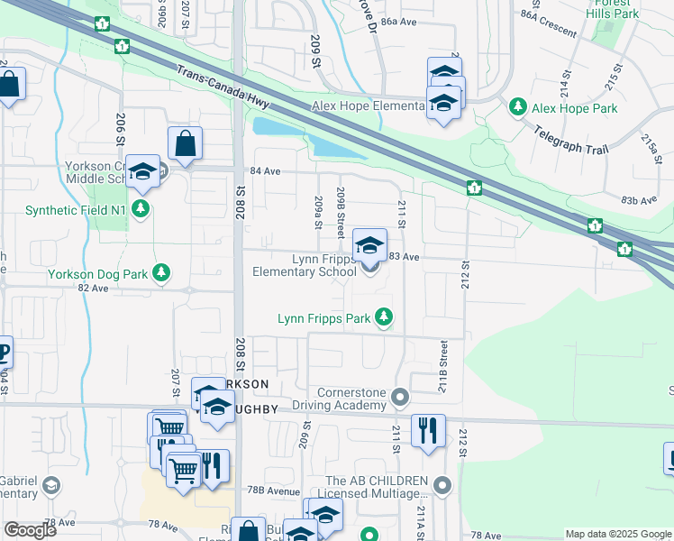 map of restaurants, bars, coffee shops, grocery stores, and more near in Langley Township