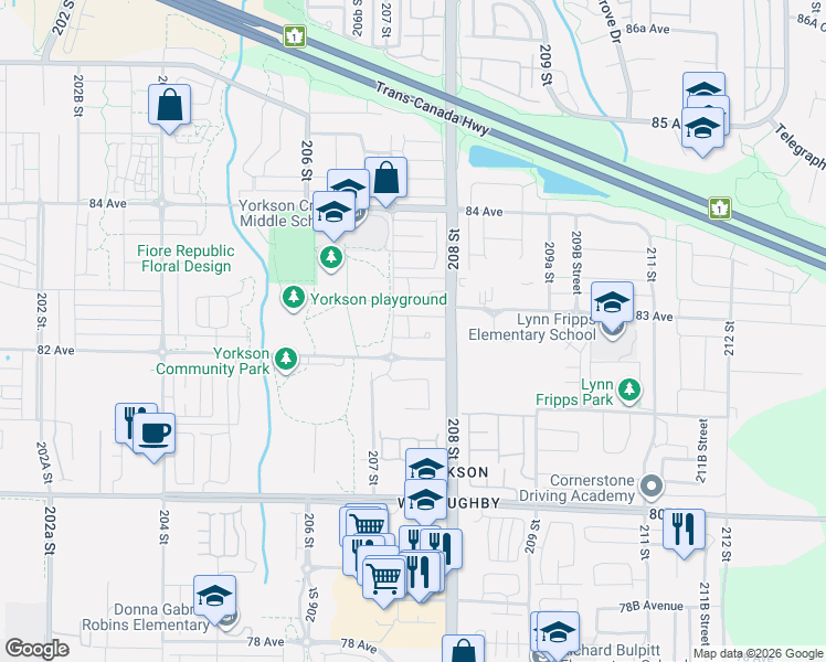 map of restaurants, bars, coffee shops, grocery stores, and more near 8233 208B Street in Langley Township