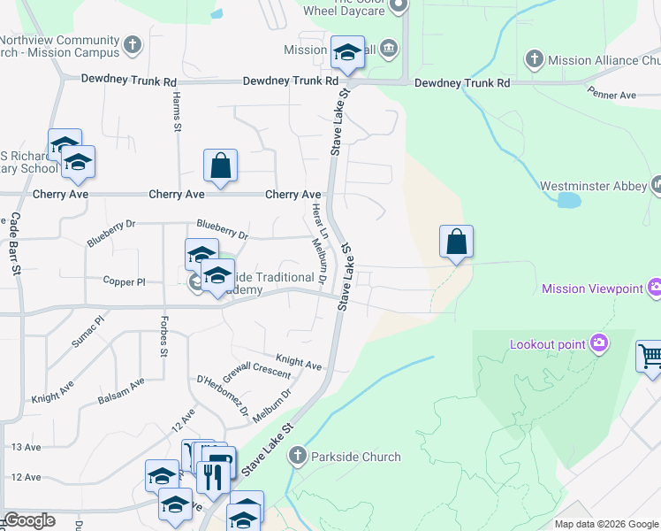 map of restaurants, bars, coffee shops, grocery stores, and more near 8268 Melburn Drive in Mission