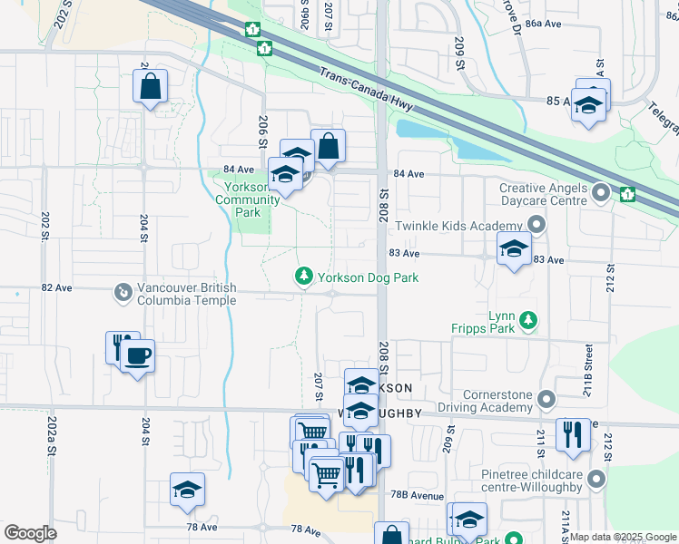 map of restaurants, bars, coffee shops, grocery stores, and more near 8258 207A Street in Langley Township