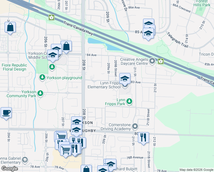 map of restaurants, bars, coffee shops, grocery stores, and more near 20926 83 Avenue in Langley Township