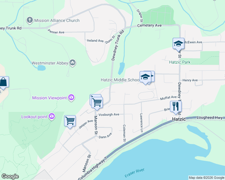 map of restaurants, bars, coffee shops, grocery stores, and more near 8280 Manson Street in Mission