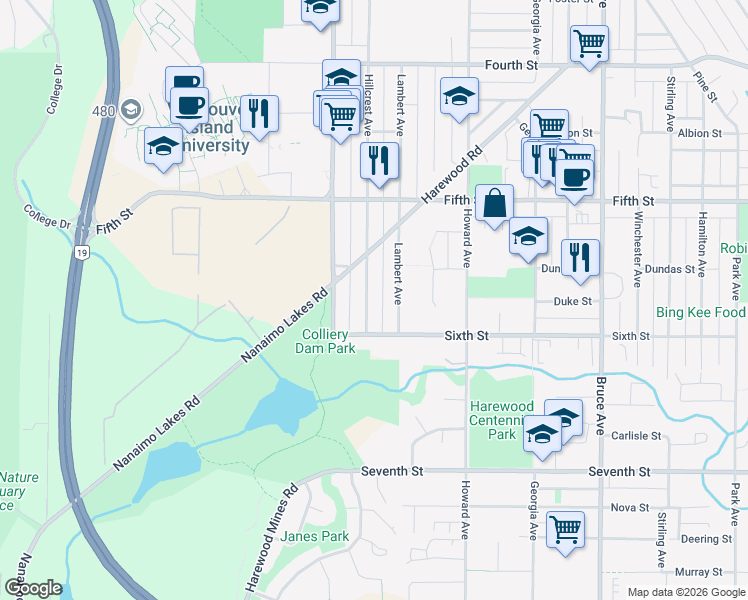 map of restaurants, bars, coffee shops, grocery stores, and more near 624 Hillcrest Avenue in Nanaimo