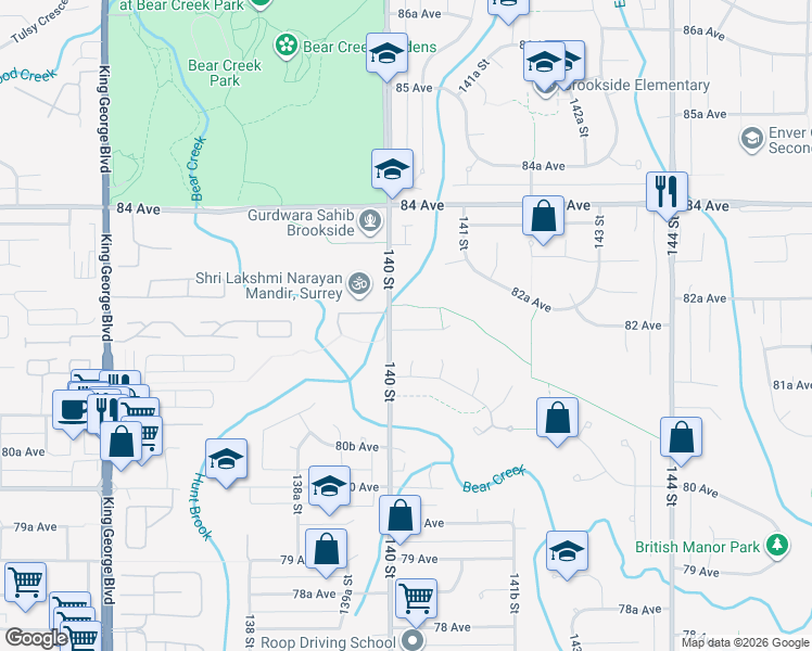 map of restaurants, bars, coffee shops, grocery stores, and more near 14015 82 Avenue in Surrey