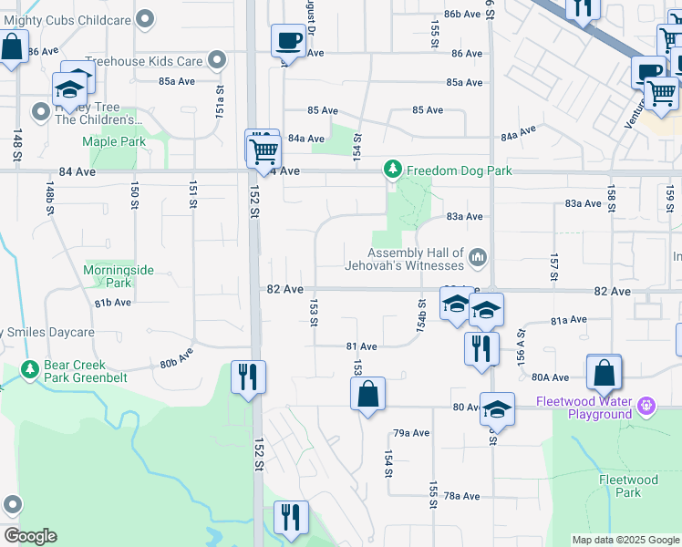 map of restaurants, bars, coffee shops, grocery stores, and more near 15350 82A Avenue in Surrey