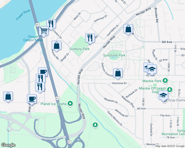 map of restaurants, bars, coffee shops, grocery stores, and more near 10481 Modesto Place in Delta