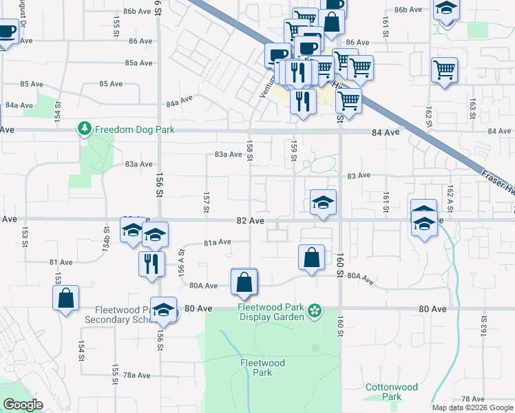 map of restaurants, bars, coffee shops, grocery stores, and more near 8250 158 Street in Surrey