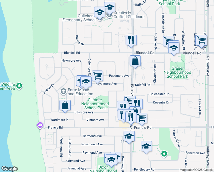 map of restaurants, bars, coffee shops, grocery stores, and more near 3780 Royalmore Avenue in Richmond