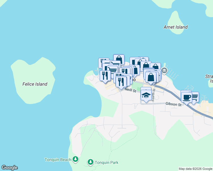 map of restaurants, bars, coffee shops, grocery stores, and more near 210 Campbell Street in Tofino