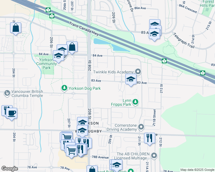 map of restaurants, bars, coffee shops, grocery stores, and more near 8230 208B Street in Langley Township