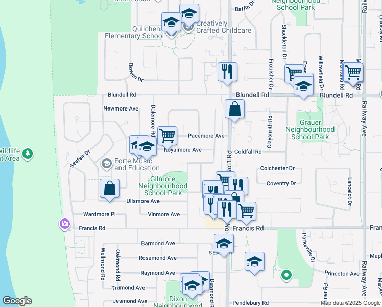map of restaurants, bars, coffee shops, grocery stores, and more near 3820 Royalmore Avenue in Richmond
