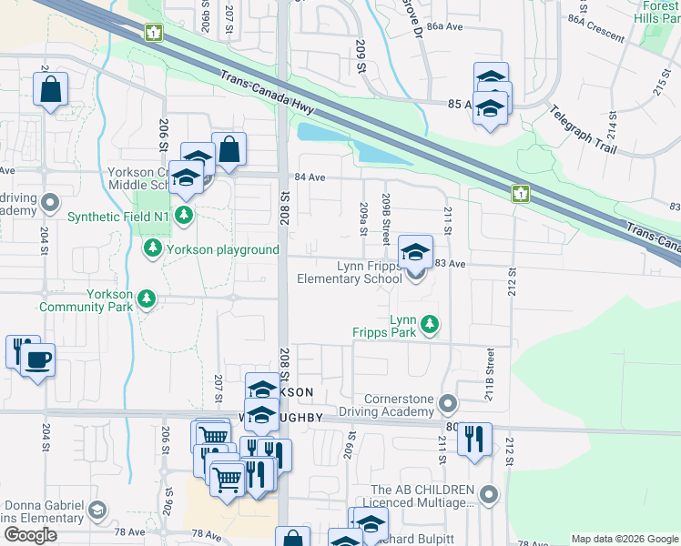 map of restaurants, bars, coffee shops, grocery stores, and more near 8230 208B Street in Langley Township