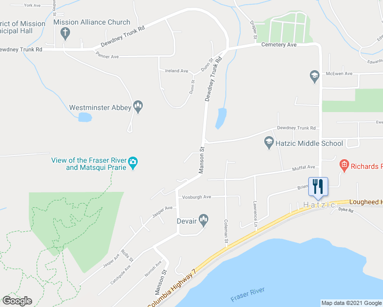 map of restaurants, bars, coffee shops, grocery stores, and more near Gordon Place in Mission