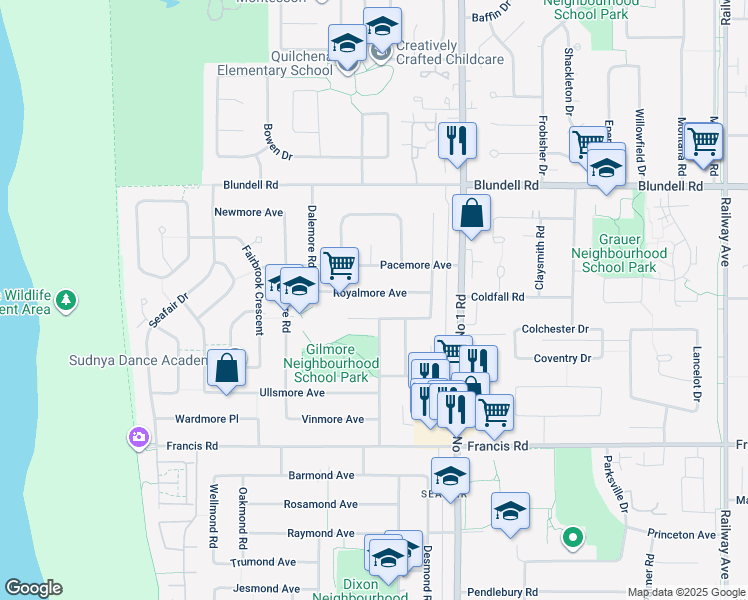 map of restaurants, bars, coffee shops, grocery stores, and more near 3780 Royalmore Avenue in Richmond