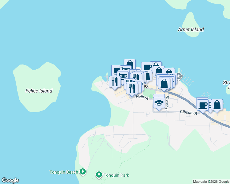 map of restaurants, bars, coffee shops, grocery stores, and more near 210 Campbell Street in Tofino