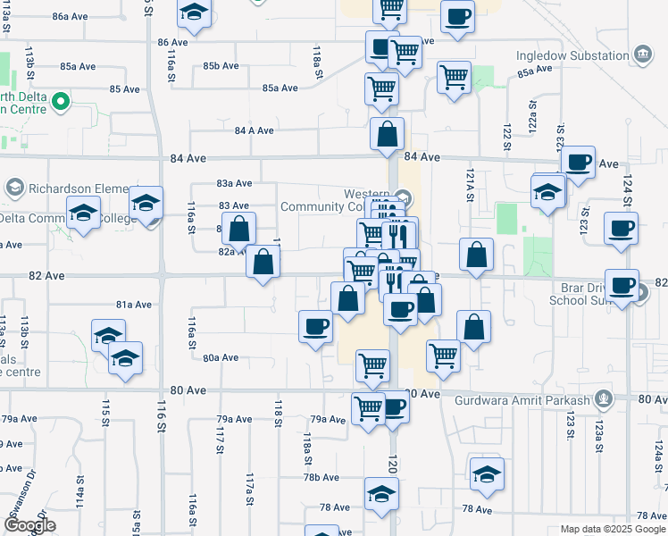 map of restaurants, bars, coffee shops, grocery stores, and more near 11897 82 Avenue in Delta
