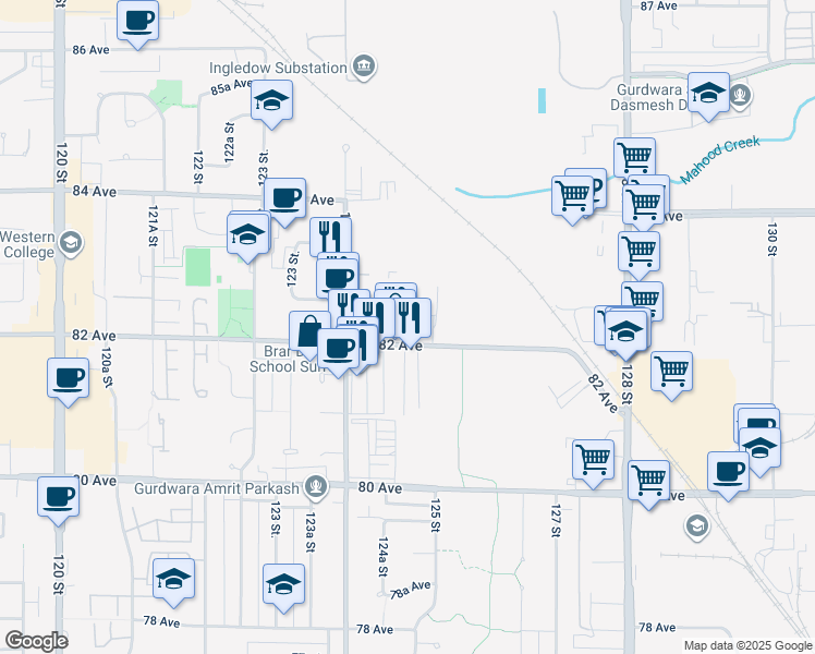 map of restaurants, bars, coffee shops, grocery stores, and more near 12485 82 Avenue in Surrey