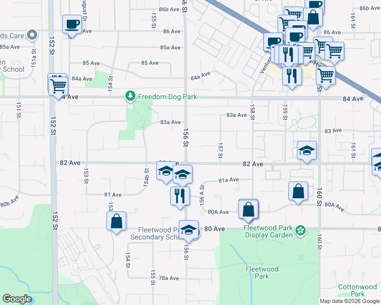 map of restaurants, bars, coffee shops, grocery stores, and more near 8230 156 Street in Surrey