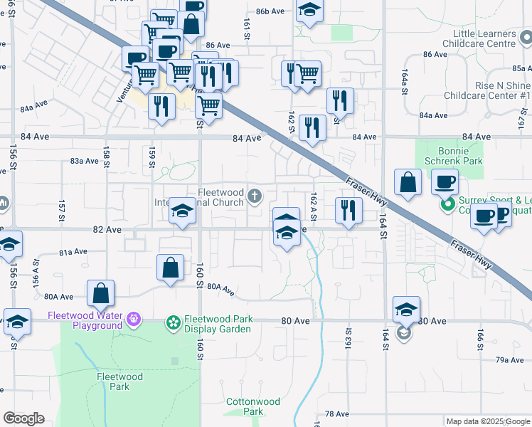 map of restaurants, bars, coffee shops, grocery stores, and more near 16155 82 Avenue in Surrey