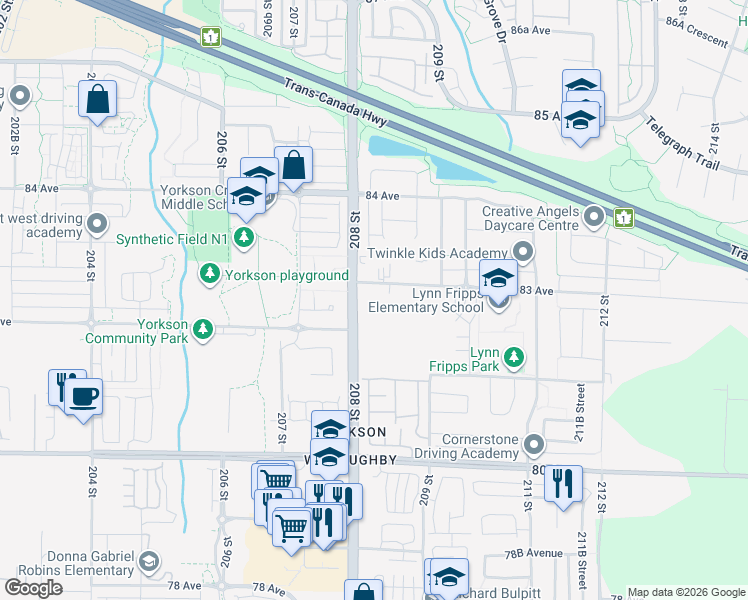 map of restaurants, bars, coffee shops, grocery stores, and more near in Langley Township