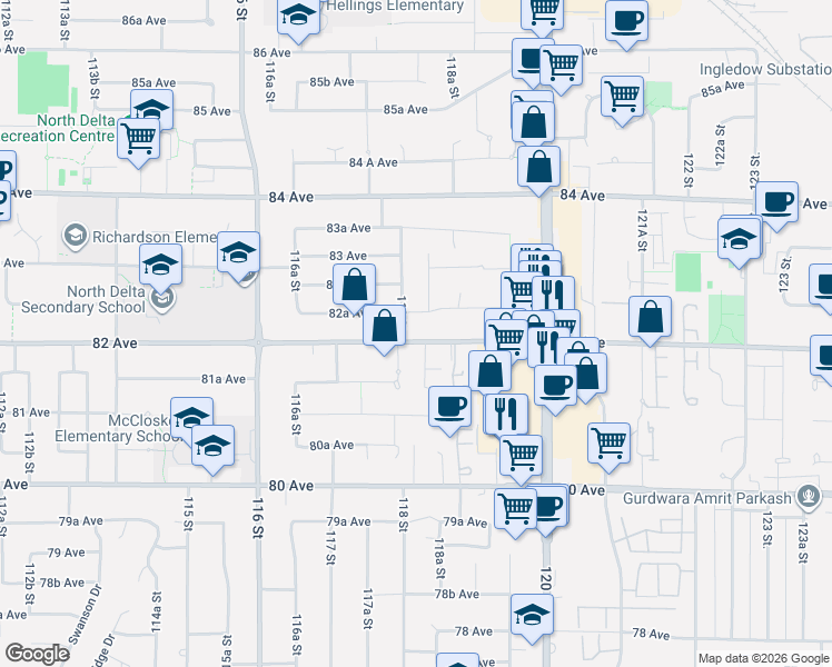 map of restaurants, bars, coffee shops, grocery stores, and more near 11816 82 Avenue in Delta
