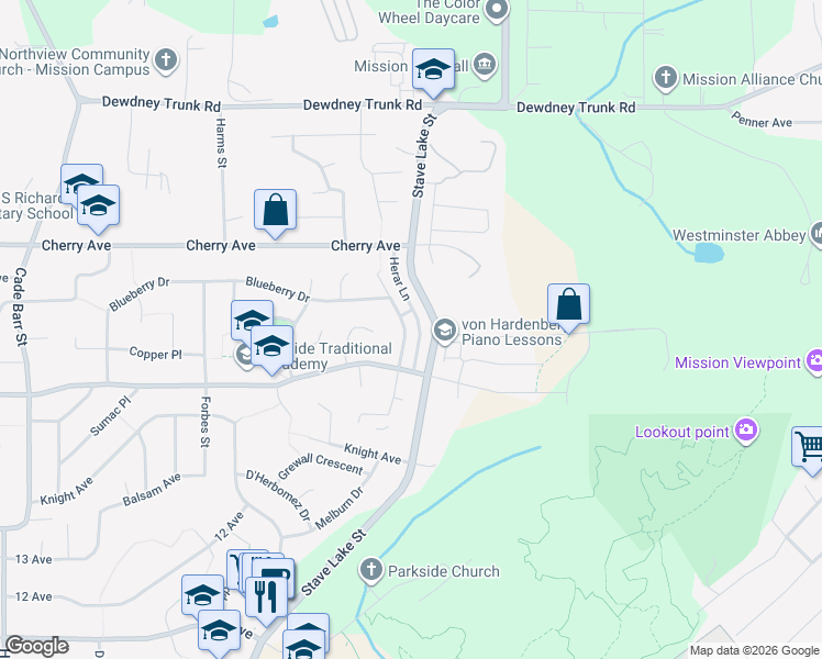 map of restaurants, bars, coffee shops, grocery stores, and more near 8282 Melburn Drive in Mission