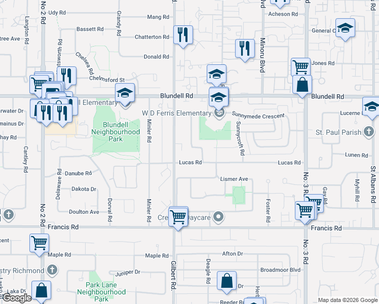 map of restaurants, bars, coffee shops, grocery stores, and more near 8351 Sunnywood Drive in Richmond