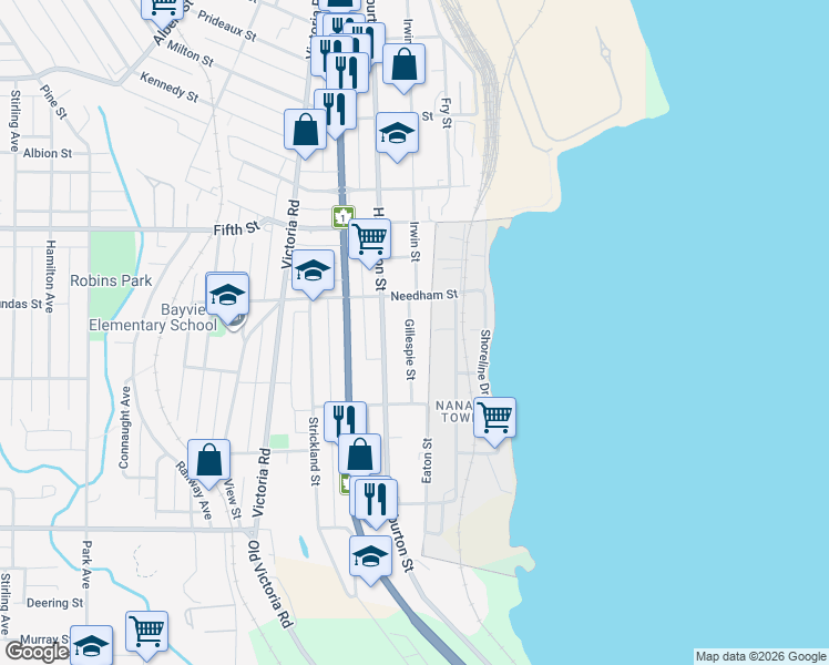 map of restaurants, bars, coffee shops, grocery stores, and more near 20 Gillespie Street in Nanaimo