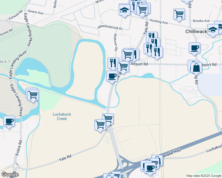 map of restaurants, bars, coffee shops, grocery stores, and more near 45548 Yale Road in Chilliwack