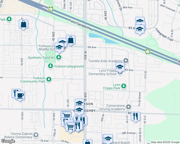 map of restaurants, bars, coffee shops, grocery stores, and more near in Langley Township