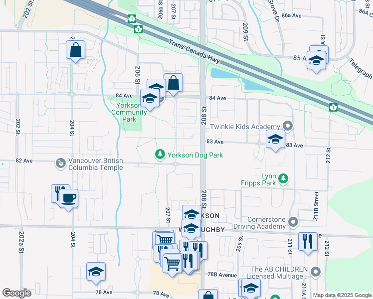 map of restaurants, bars, coffee shops, grocery stores, and more near in Langley Township