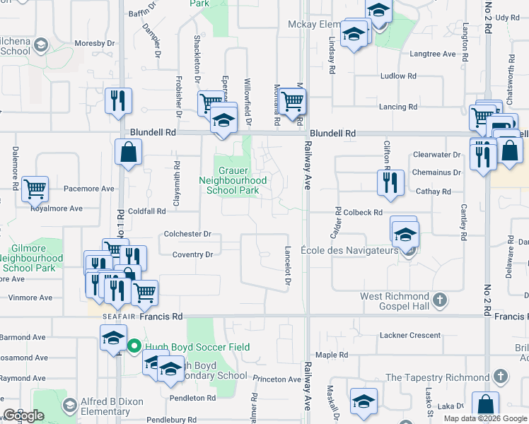 map of restaurants, bars, coffee shops, grocery stores, and more near 4435 Lancelot Drive in Richmond