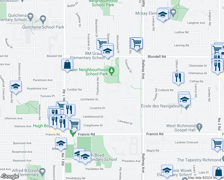 map of restaurants, bars, coffee shops, grocery stores, and more near 8671 Citadel Crescent in Richmond