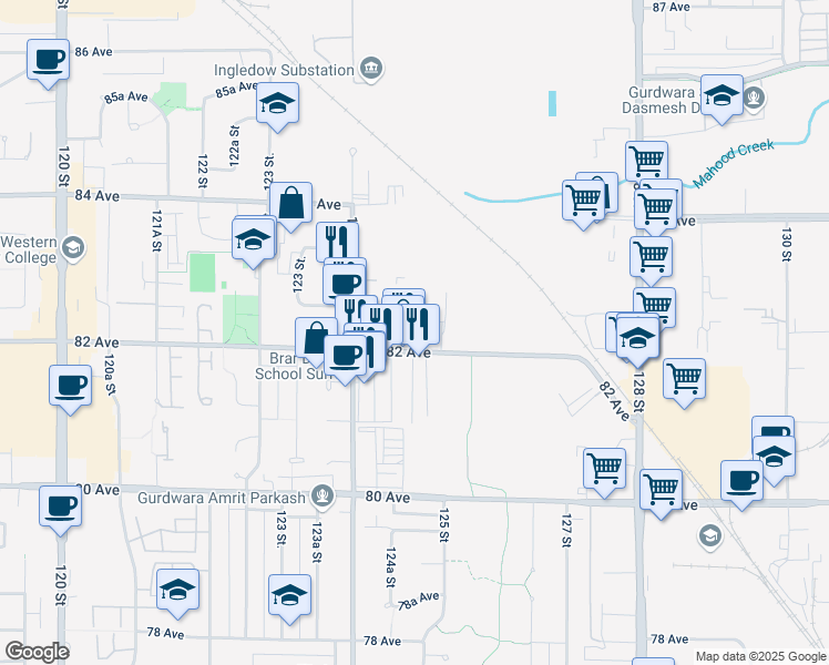 map of restaurants, bars, coffee shops, grocery stores, and more near 12485 82 Avenue in Surrey