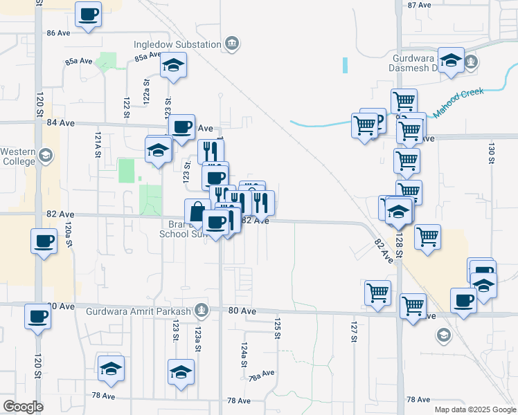 map of restaurants, bars, coffee shops, grocery stores, and more near 12485 82 Avenue in Surrey