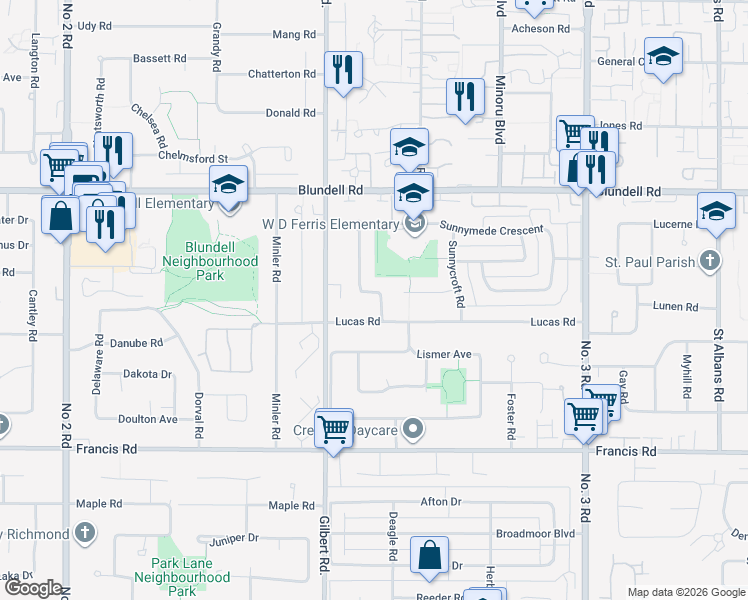 map of restaurants, bars, coffee shops, grocery stores, and more near 8511 Sunnywood Drive in Richmond