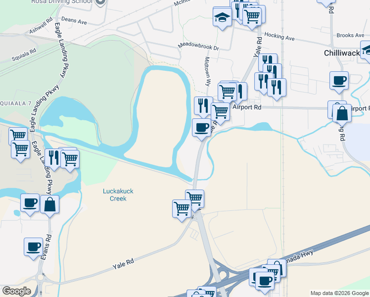 map of restaurants, bars, coffee shops, grocery stores, and more near 45559 Yale Road in Chilliwack