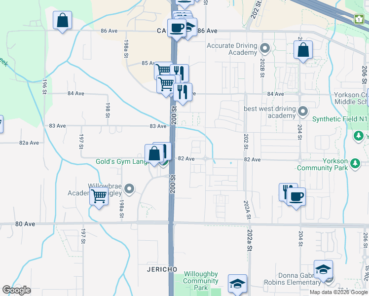 map of restaurants, bars, coffee shops, grocery stores, and more near 20059 82 Avenue in Langley City