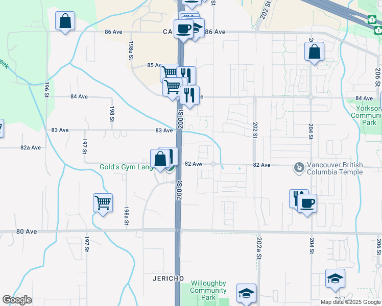 map of restaurants, bars, coffee shops, grocery stores, and more near 20049 82 Avenue in Langley Township