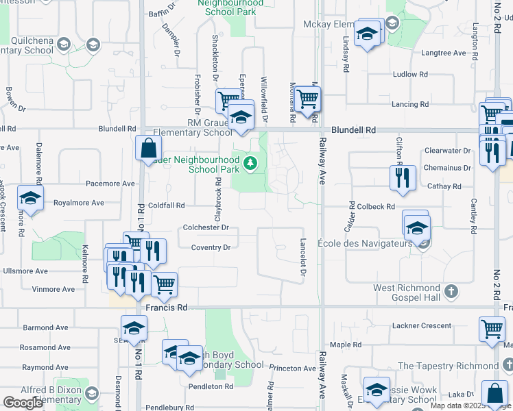 map of restaurants, bars, coffee shops, grocery stores, and more near 8711 Citadel Crescent in Richmond