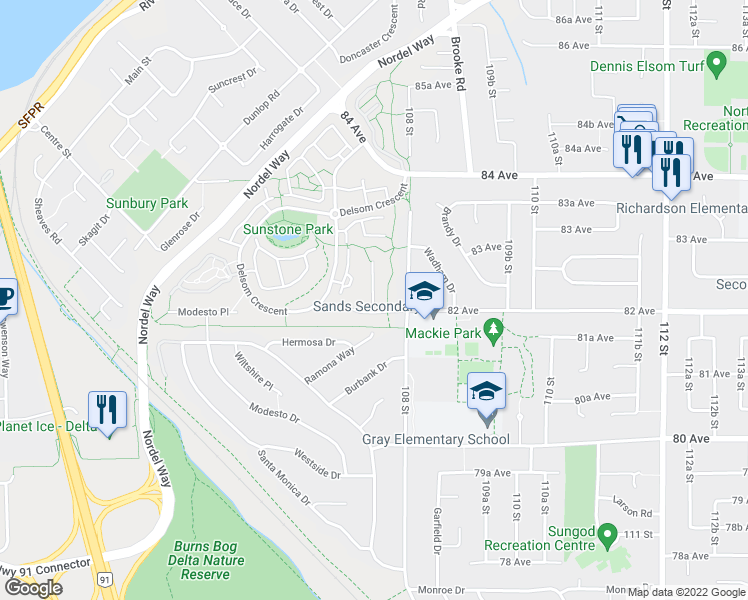map of restaurants, bars, coffee shops, grocery stores, and more near 8288 Trondheim Drive in Delta
