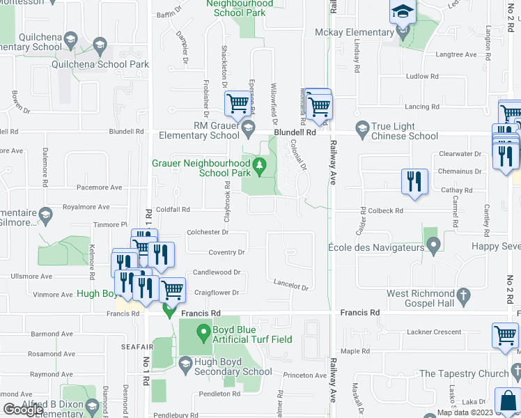 map of restaurants, bars, coffee shops, grocery stores, and more near 8671 Citadel Crescent in Richmond