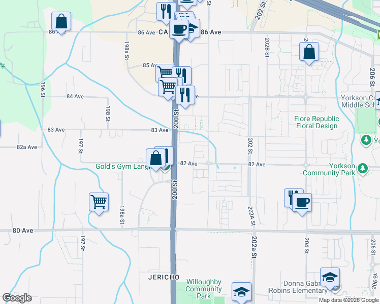 map of restaurants, bars, coffee shops, grocery stores, and more near 20049 82 Avenue in Langley Township