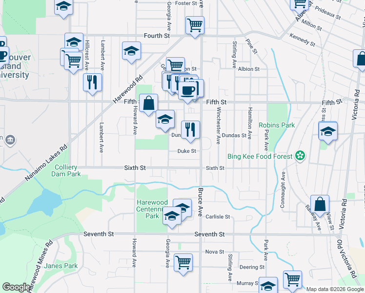 map of restaurants, bars, coffee shops, grocery stores, and more near 532 Duke Street in Nanaimo