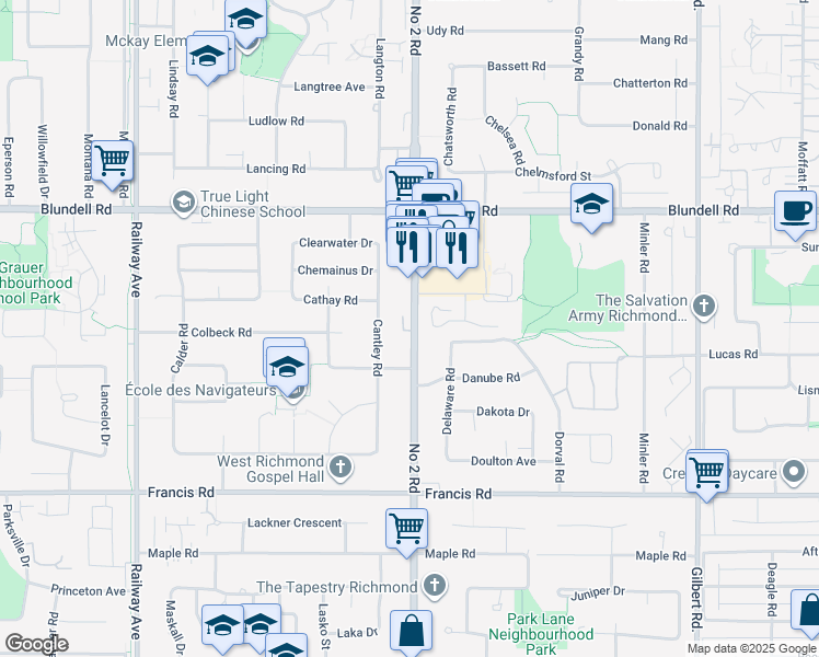 map of restaurants, bars, coffee shops, grocery stores, and more near 8311 Number 2 Road in Richmond