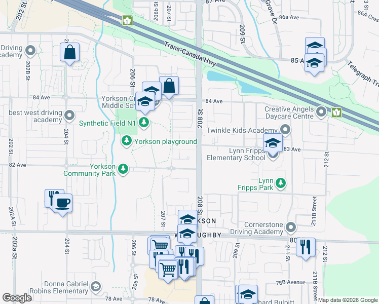 map of restaurants, bars, coffee shops, grocery stores, and more near 8258 207A Street in Langley Township